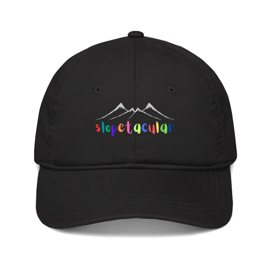 Black cap with 'slopetacular' text and mountain design.