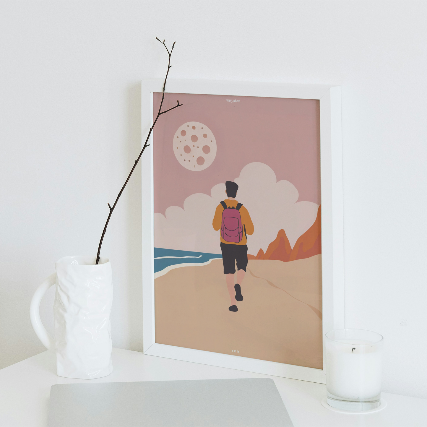 Backpacker Walking on the Beach with Moon Poster