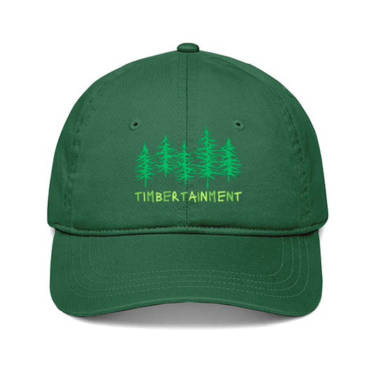 Green baseball cap with a green pine forest and includes the word Timbertainment.