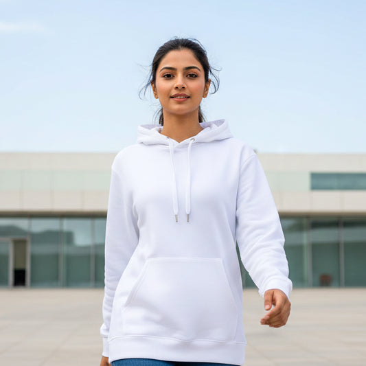 Female model wearing a white hoodie standing outdoors with a building in the background. Plain White Hoodie by Paryatak Travel Shop.