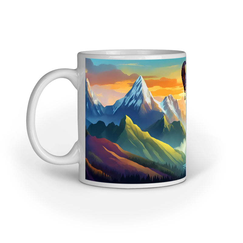 Hot Air Balloon Over Mountains Mug