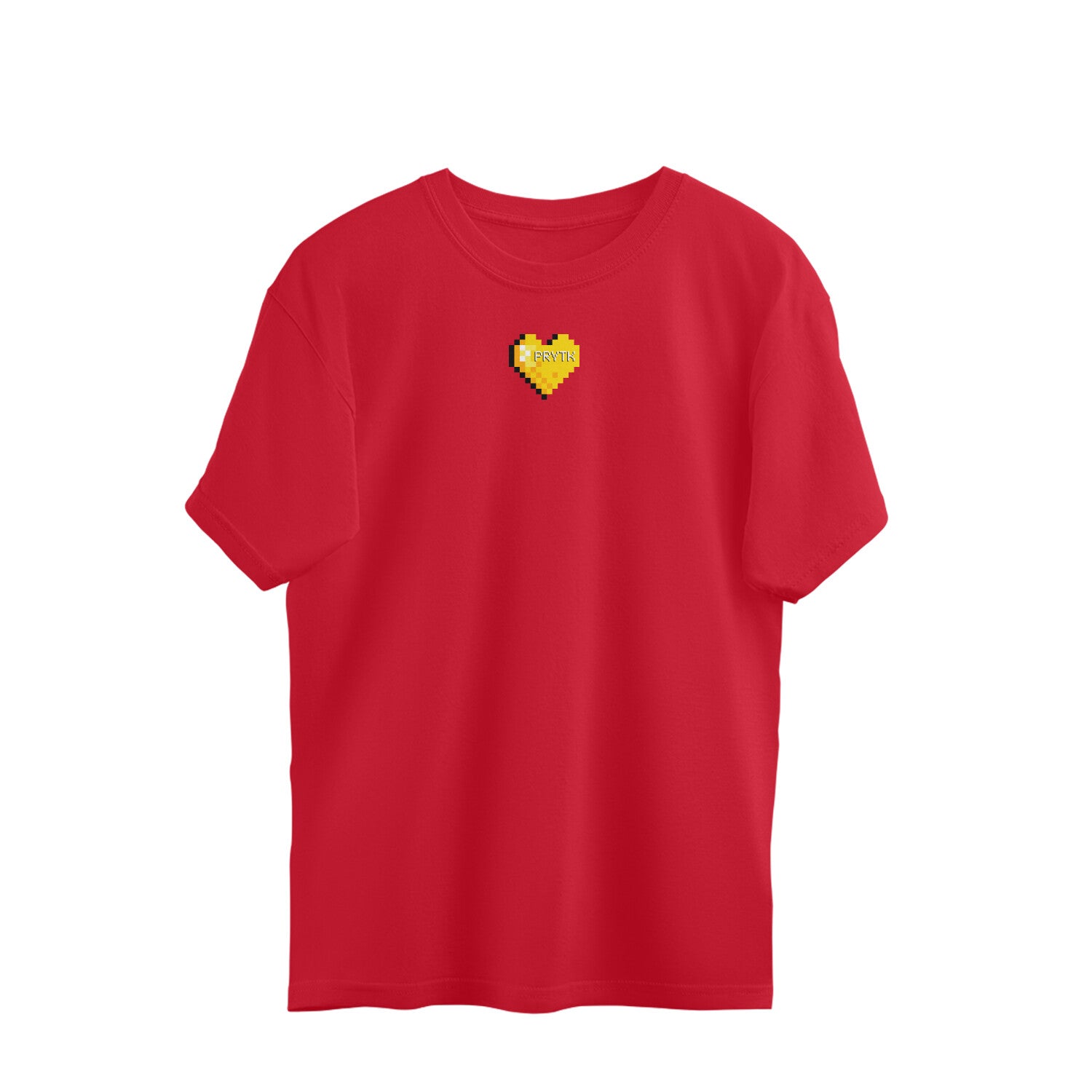 Red oversized t-shirt with a pixel PRYTK heart design.
