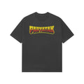 Black oversized t-shirt with 'Paryatak' text in fiery yellow and red.